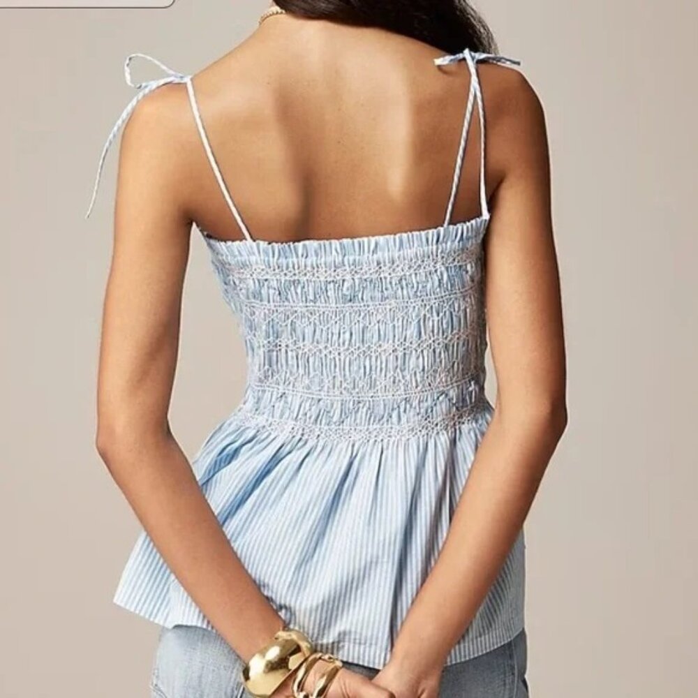 J. Crew Paloma Top Blue Pale Cerulean Stripe Smocked Cotton Sleeveless Peplum To - Picture 3 of 12